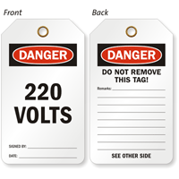220 Volts OSHA Danger Two-Sided Electrical Tag